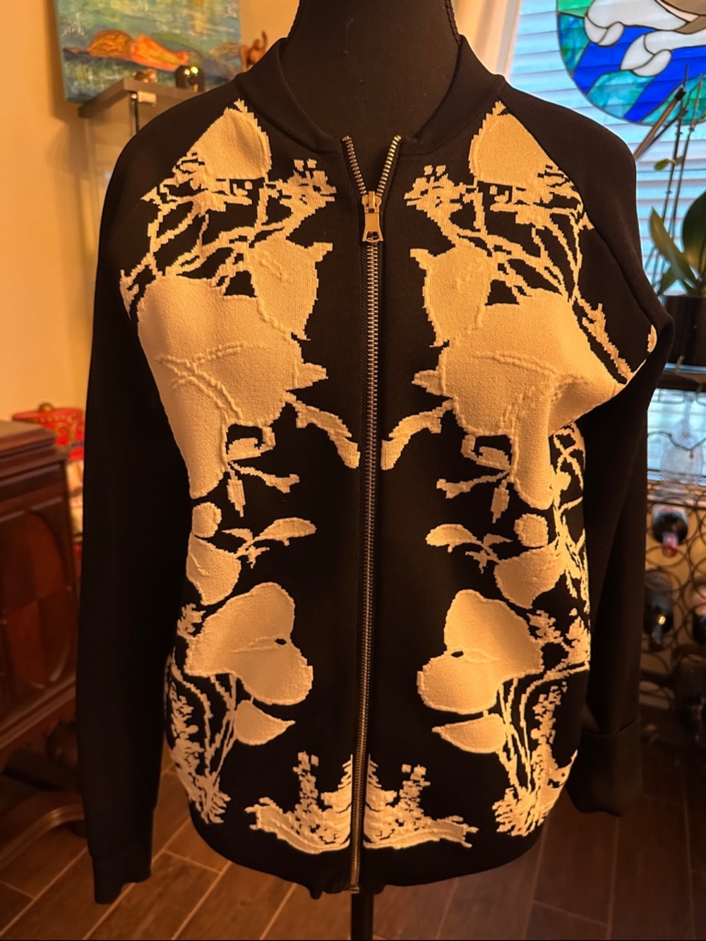 Gracia Black & Cream Floral Zip Bomber Jacket
